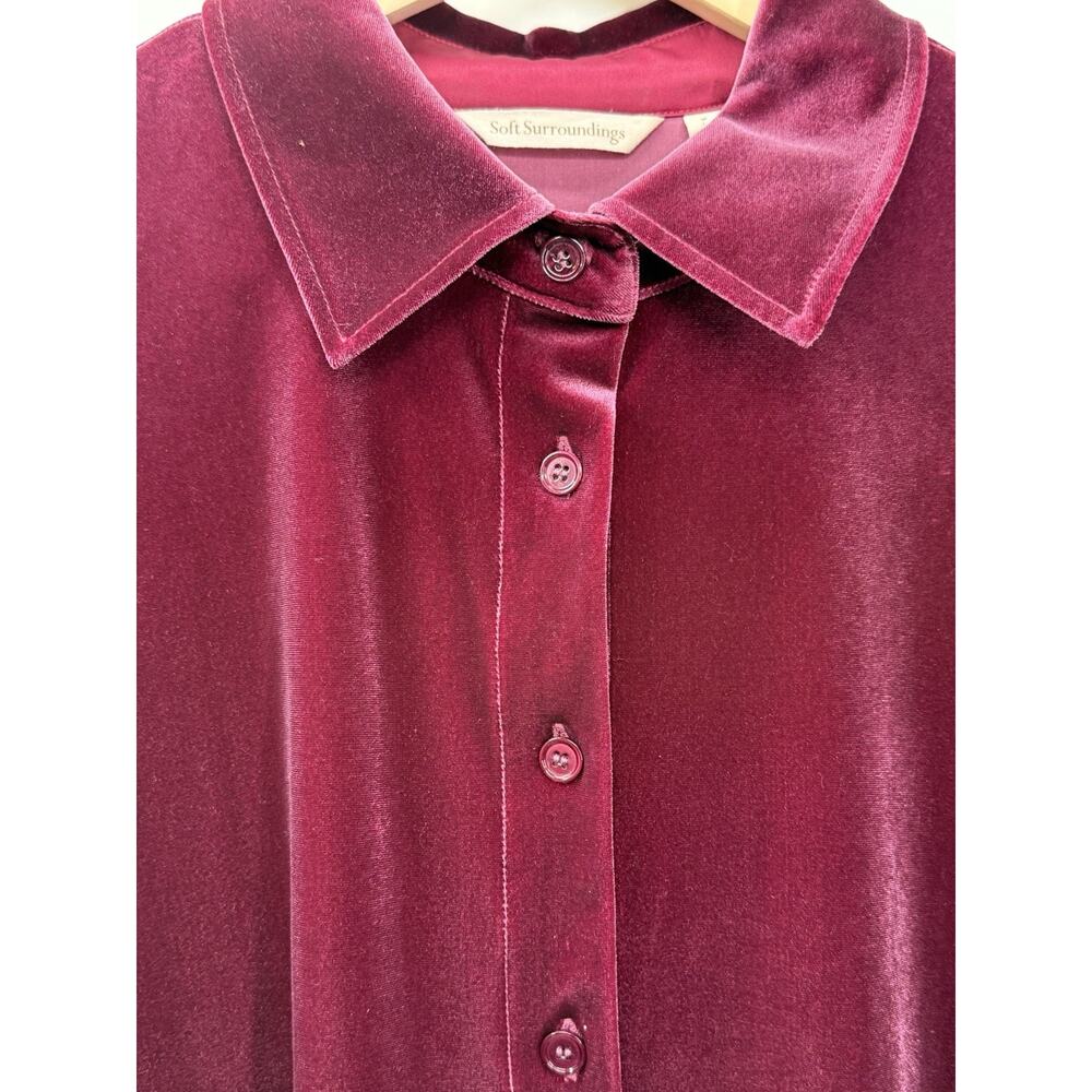 Soft Surroundings S Velvet Top Blouse Button Front Burgundy Stretch Soft - Picture 6 of 10